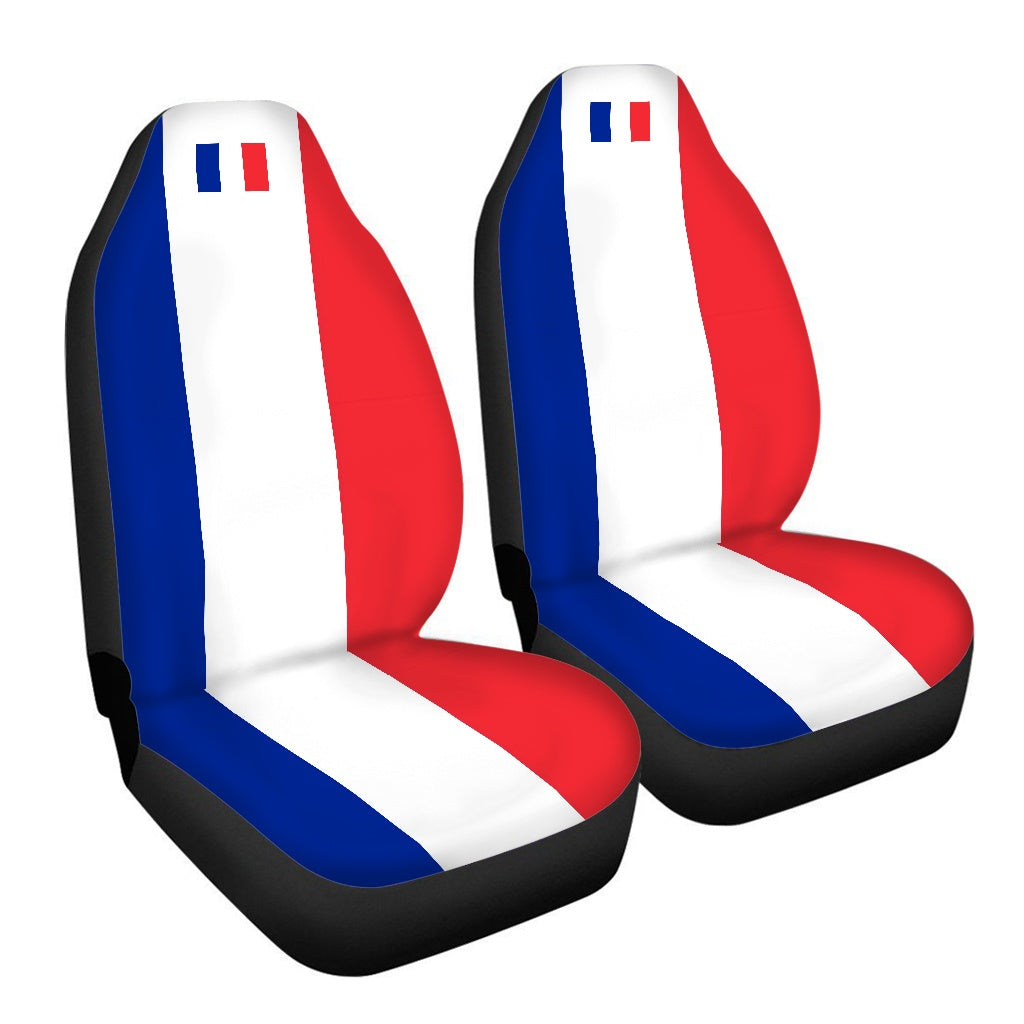 Two [Brand] car seat covers with French flag design.