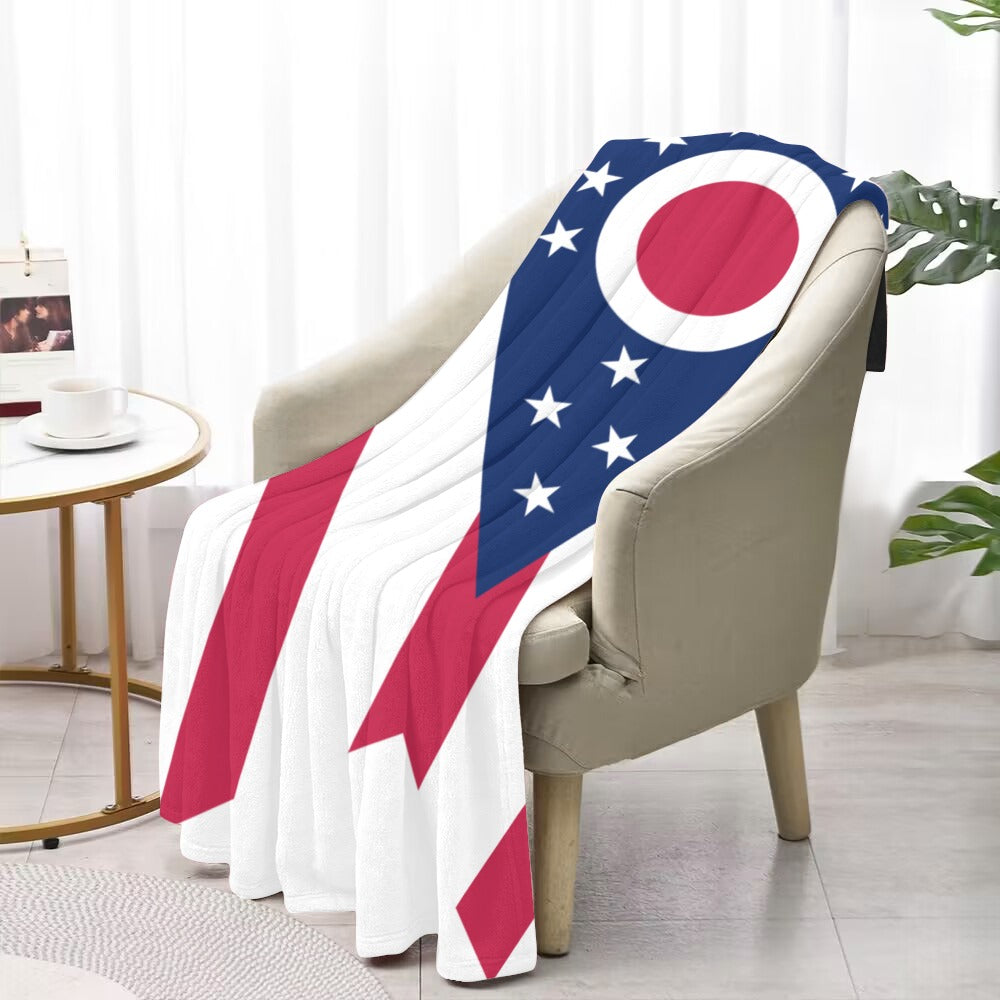Luv My Flag blanket with Ohio design on chair.
