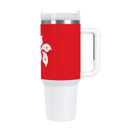 Red travel mug featuring floral design and sturdy handle, [Brand].