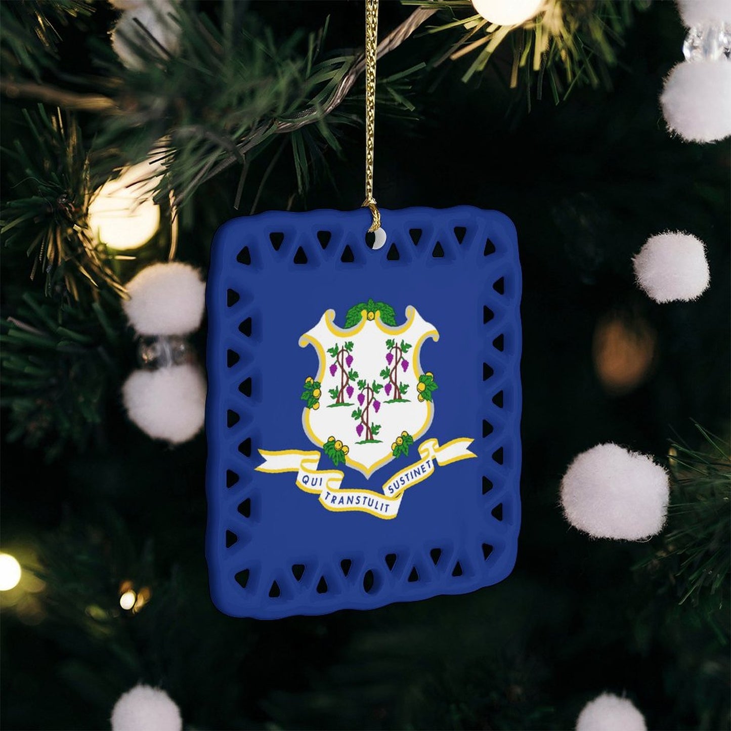 Connecticut Flag Inspired Square Ceramic Ornament Made in the USA