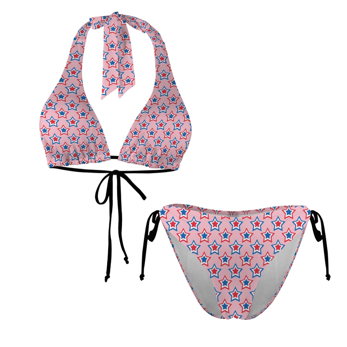 USA/American Flag Inspired Red and Blue Stars on Pink Halterneck String Bikini Sets