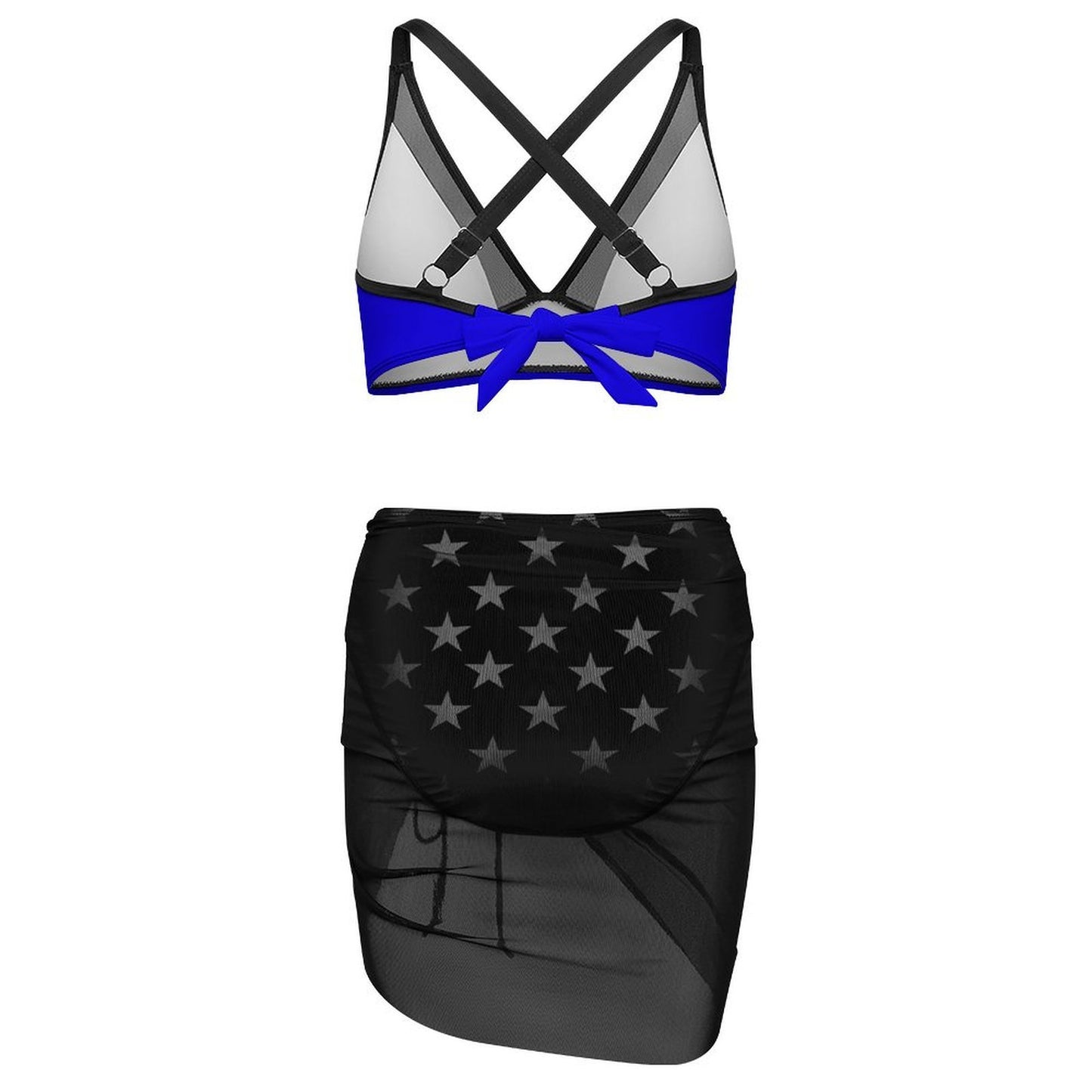 Thin Blue Line Flag Inspired Style-2 Women's Mesh Drawstring Skirt and Swimsuit Set