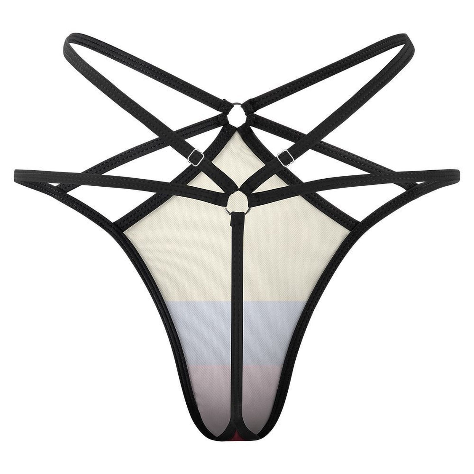 Black strappy lingerie from [Brand] with geometric design details.