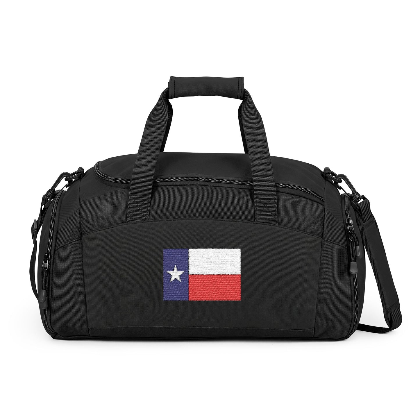Texas Flag Gym Bag — Black Duffle with Embroidered Texas Flag