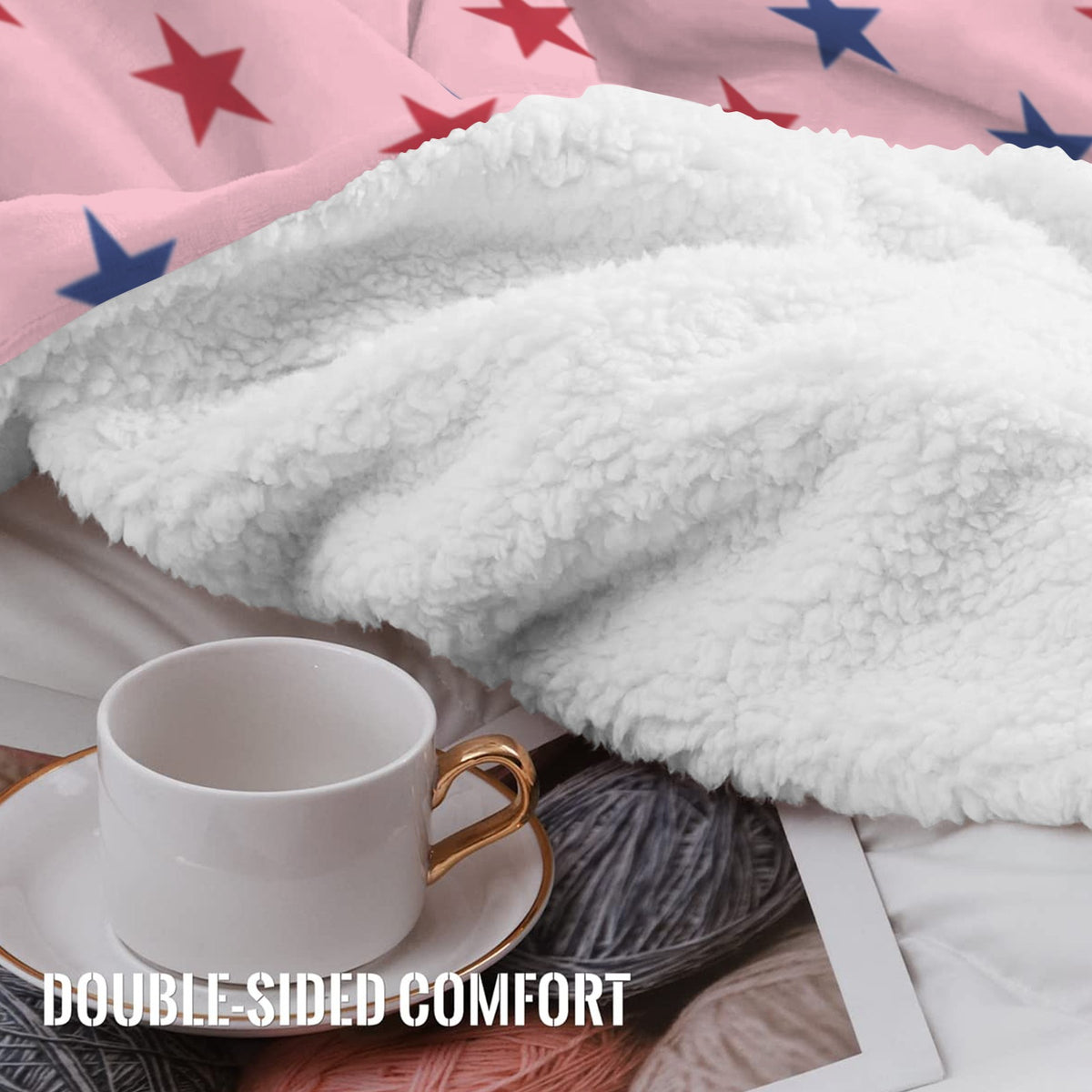 USA/American Flag Inspired Red and Blue Stars on Pink Sherpa Fleece Blanket 90" x 108" | Prtinted in the USA