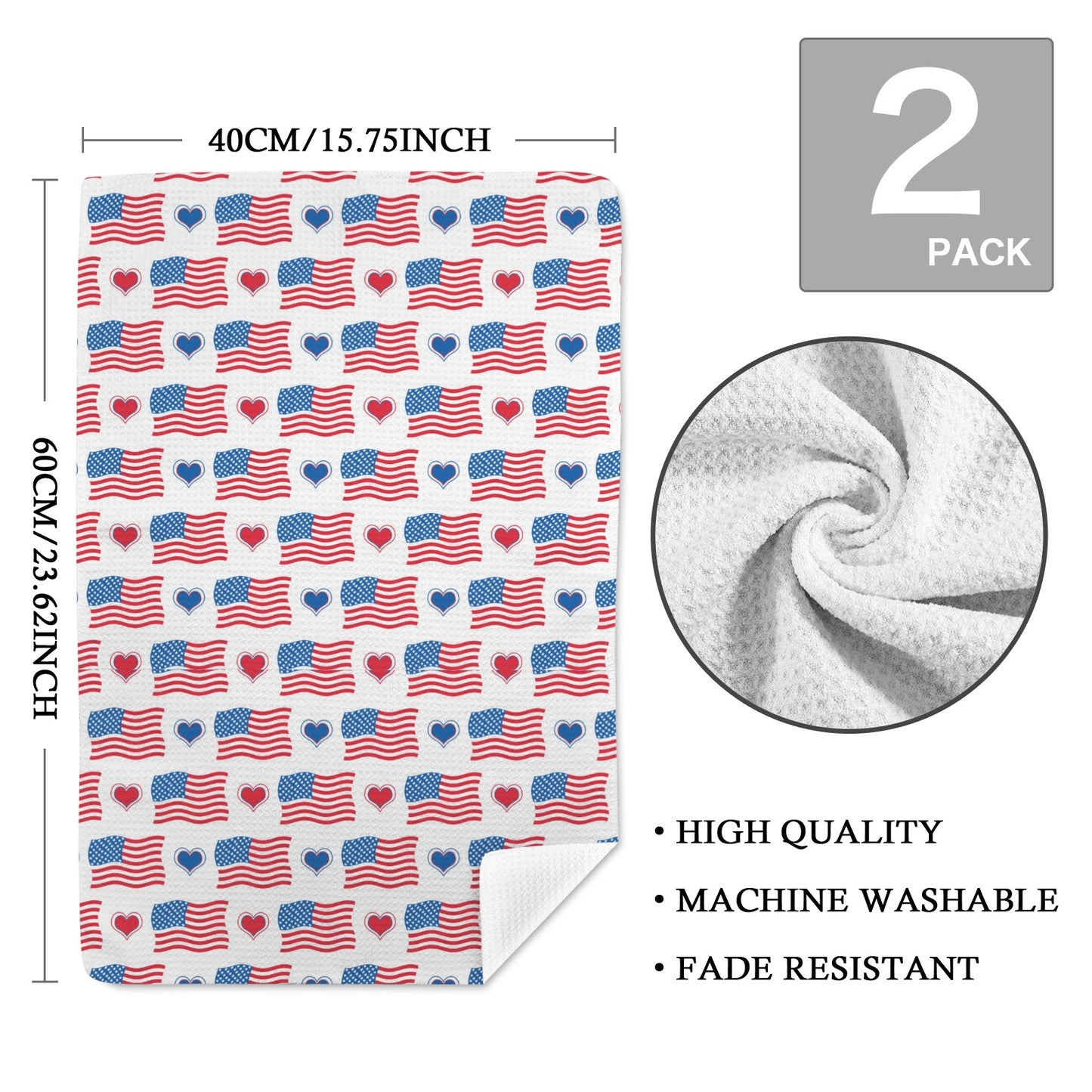 USA/American Flag Inspired Flag and Hearts Pattern Kitchen Towel 40X60cm (Pack of 2) (Made in the USA)