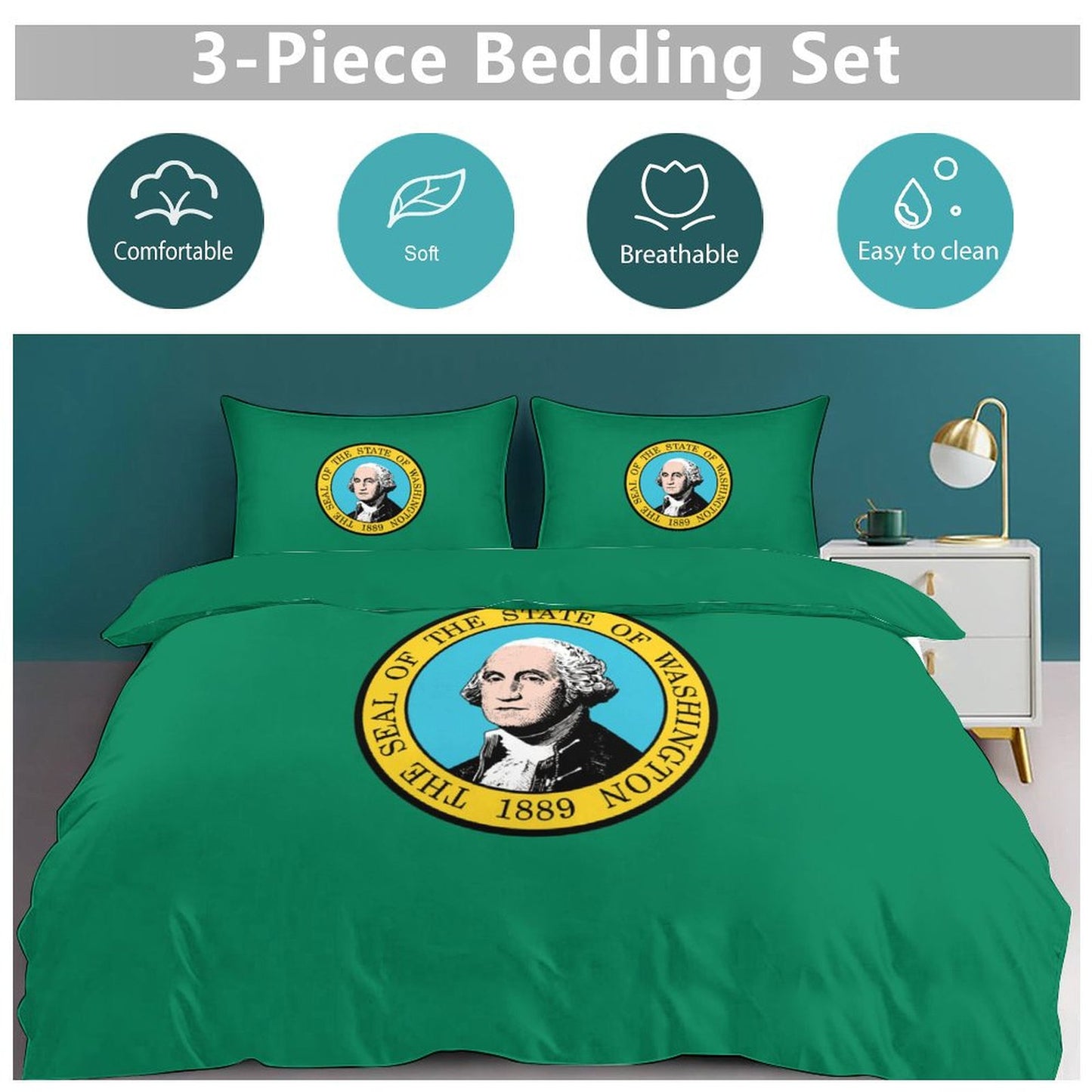 Washington Flag Inspired 3-Piece Bedding Set (1 Duvet Cover + 2 Pillow Shams) – 102"×90"