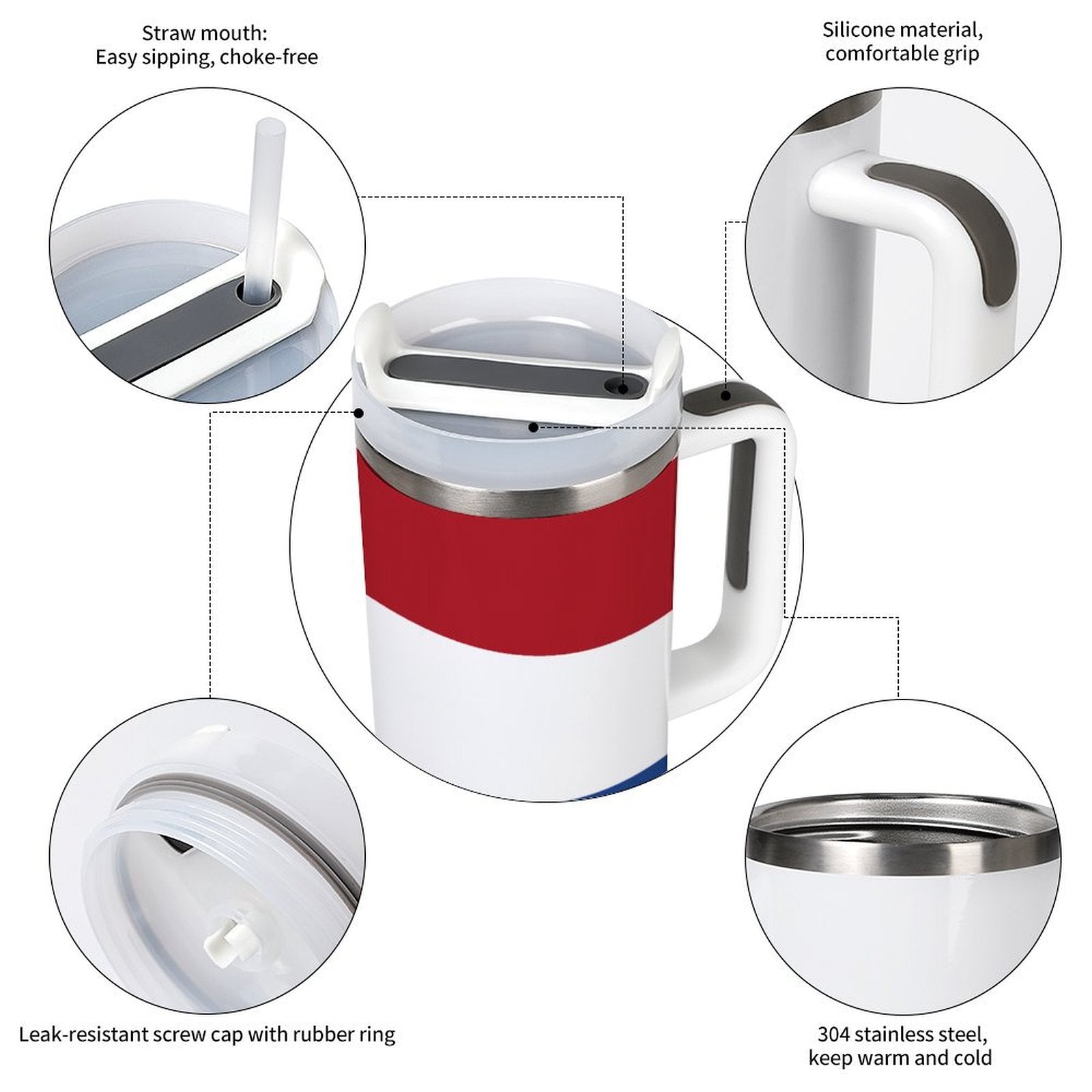 [Brand] insulated mug features stainless steel, silicone, and straw.