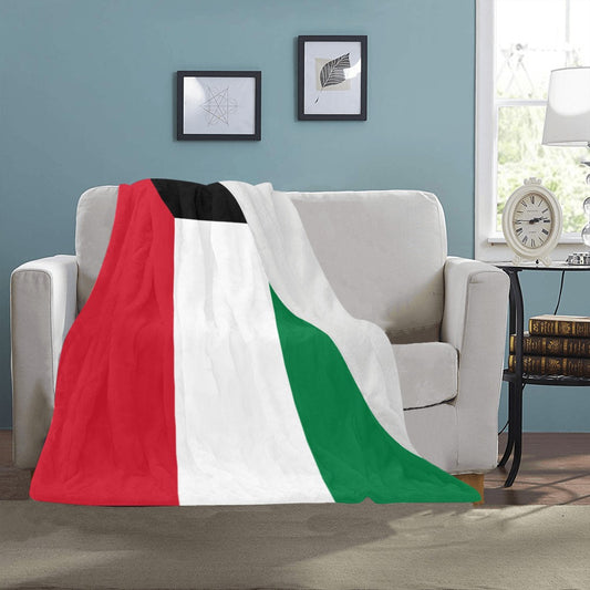 Cozy [Luv My Flag] blanket with red, white, green design.