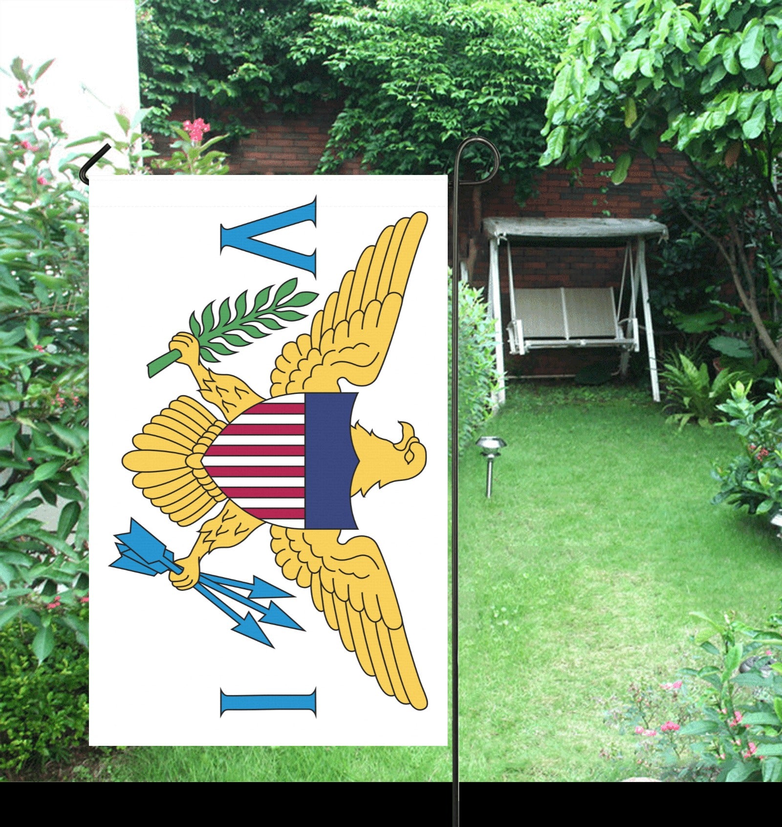 [Luv My Flag] garden flag with eagle in green yard.