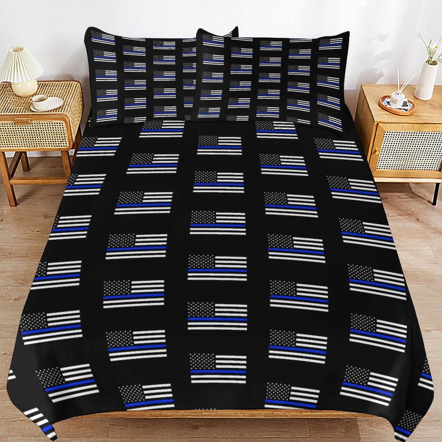 Thin Blue Line Flag Inspired 3-Piece Bedding Set (1 Duvet Cover + 2 Pillow Shams) – 102"×90"