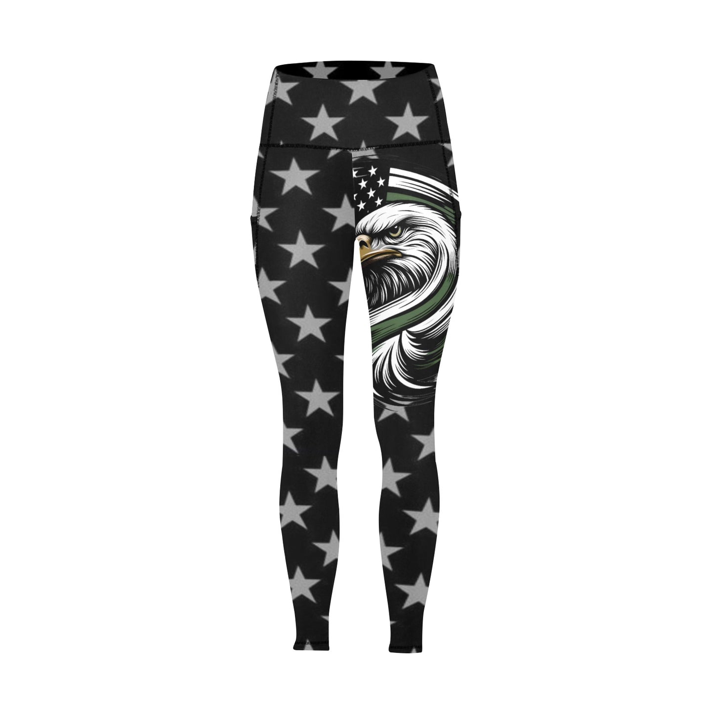 Thin Green Line Flag Inspired Eagle Women's High Waist Leggings with Pockets