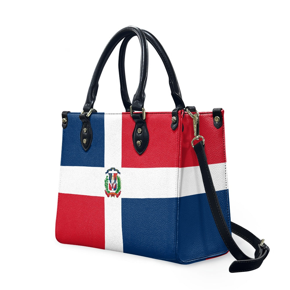 [Brand] handbag with Dominican Republic flag design and crest.