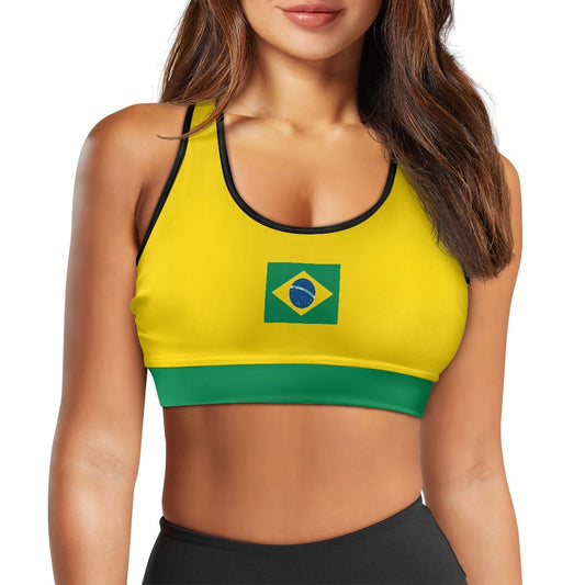 Brazil Flag Inspired Women’s Sports Bra with Back Pocket – Black or White Trim - Luv My Flag