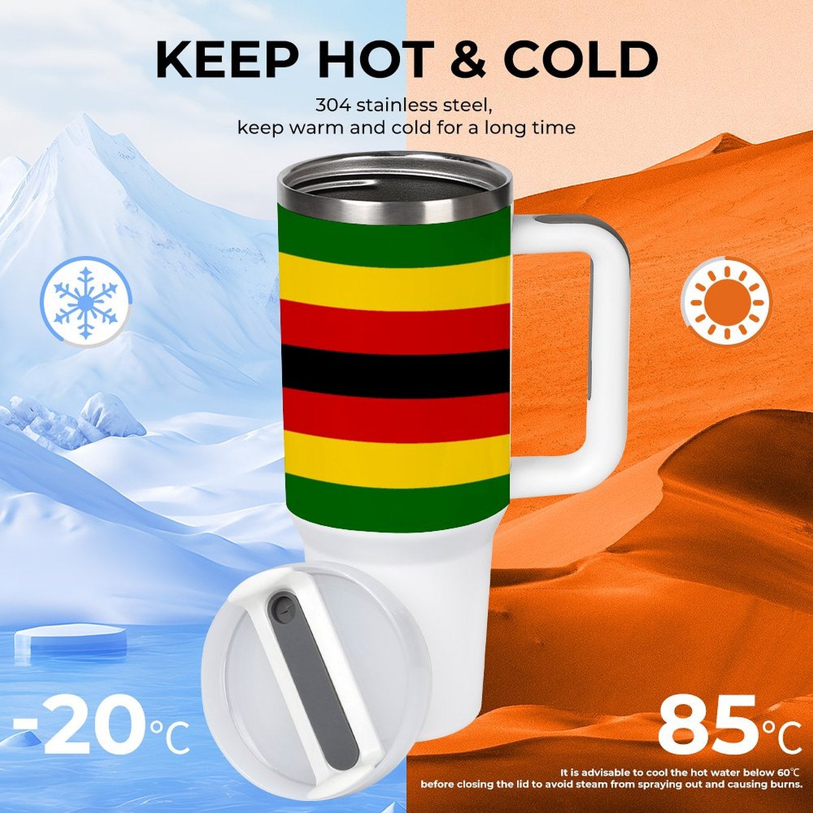 [Brand] travel mug with colorful stripes, keeps drinks hot/cold.