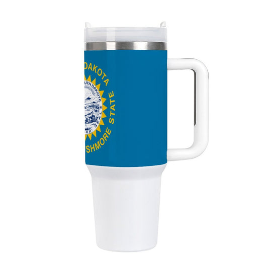 South Dakota themed travel mug with handle, [Brand] logo.