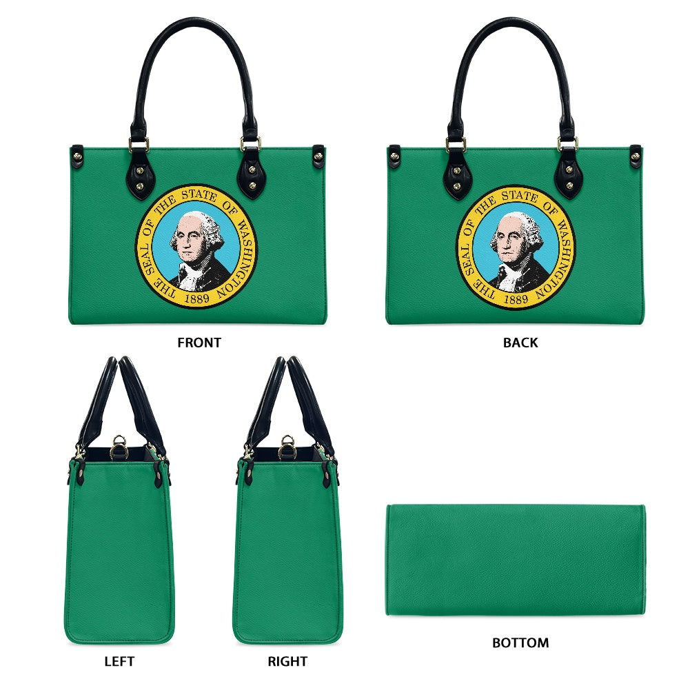 [Brand] green handbag with Washington state seal, multiple views.
