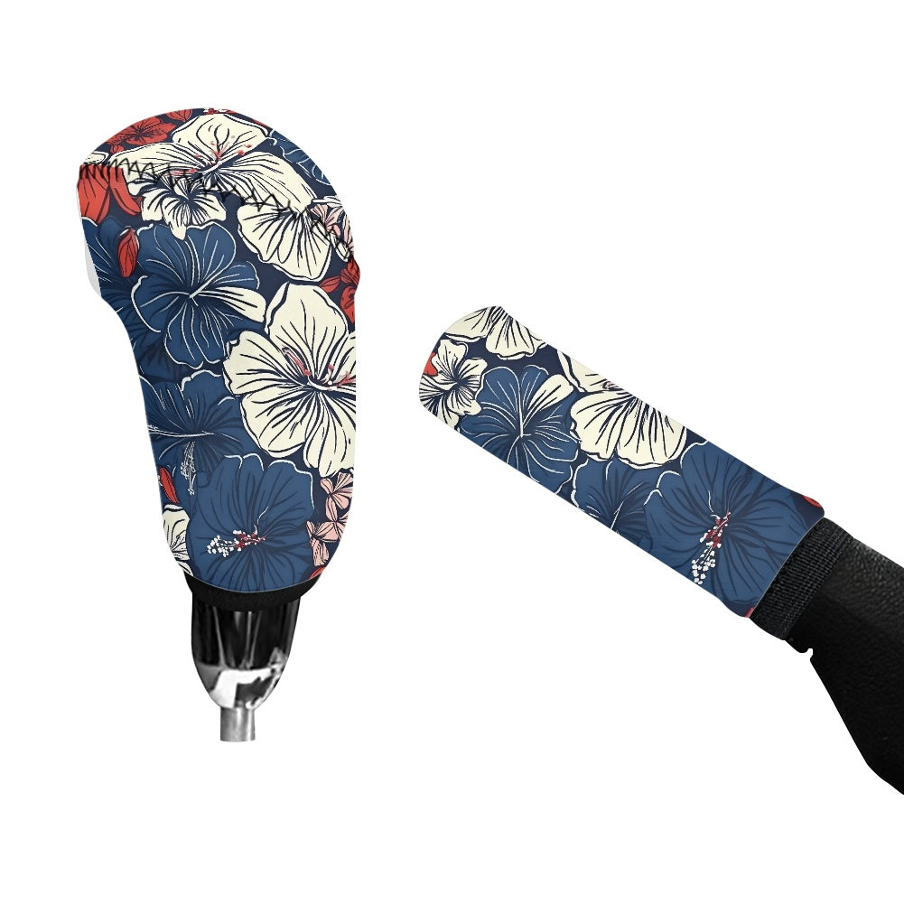 USA/American Flag Inspired Hawaiian Floral Pattern Gear Lever Cover+Hand Brake Cover