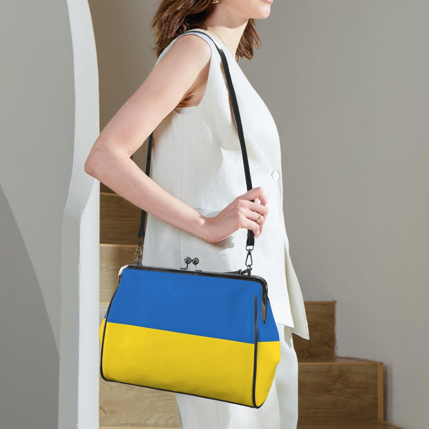 Ukraine Flag Inspired Kisslock Crossbody Shoulder Bag-Large