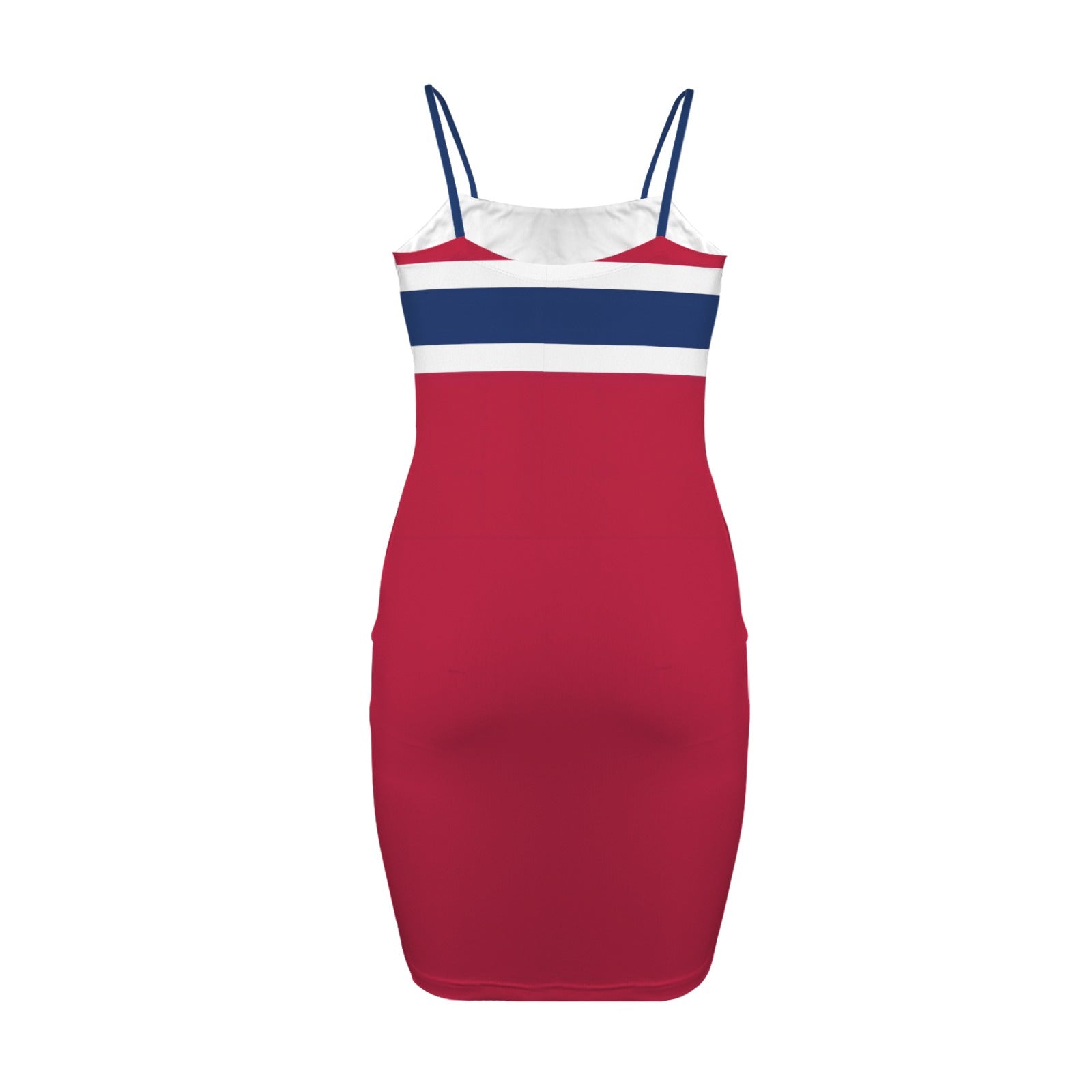 Red dress with blue, white stripes by [Brand].