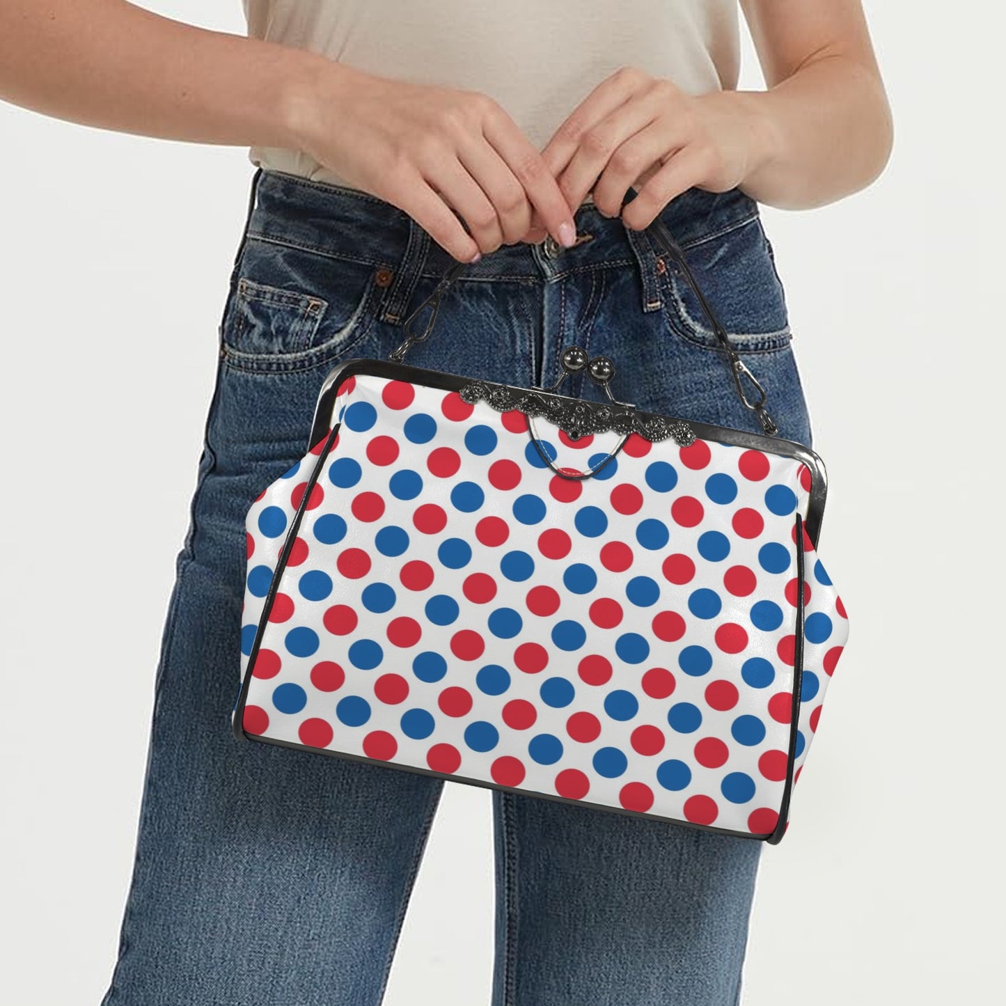 USA/American Flag Inspired Polka Dot Pattern Kisslock Crossbody Shoulder Bag