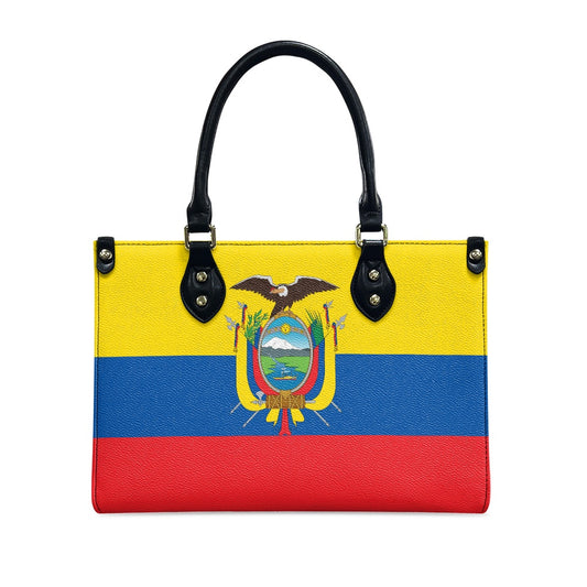[Brand] handbag featuring Ecuadorian flag with black handles.