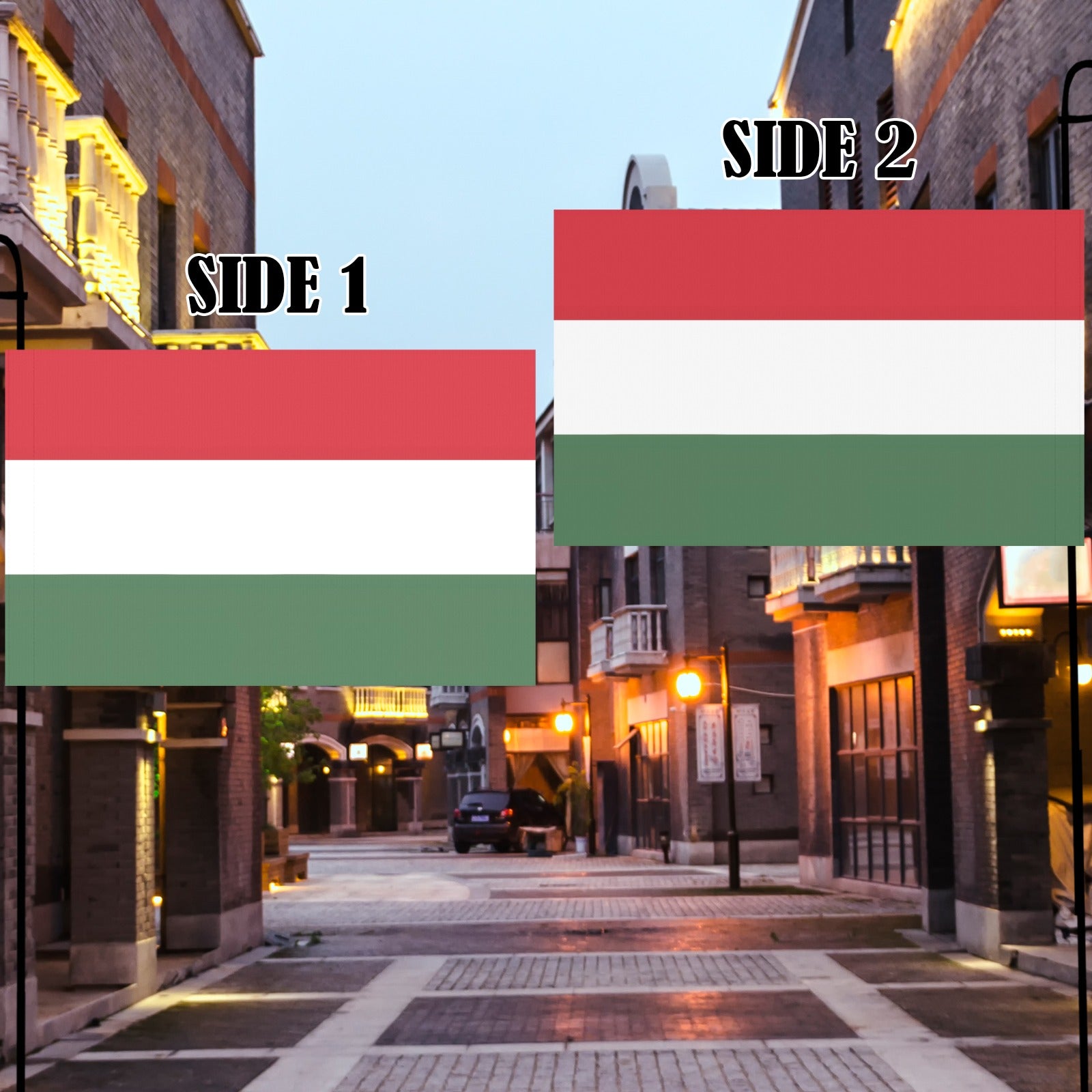 Luv My Flag's two-sided flag in urban street setting.