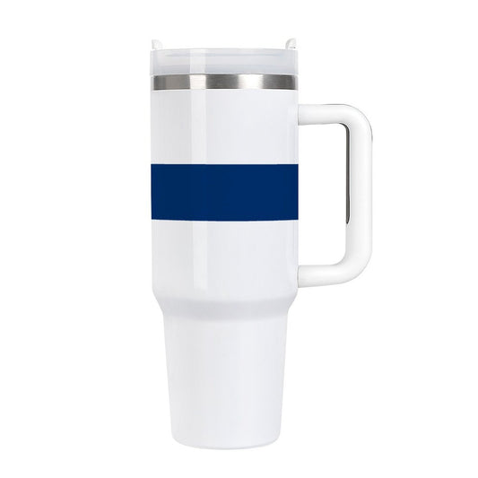 White [Brand] travel mug with blue stripe and handle.