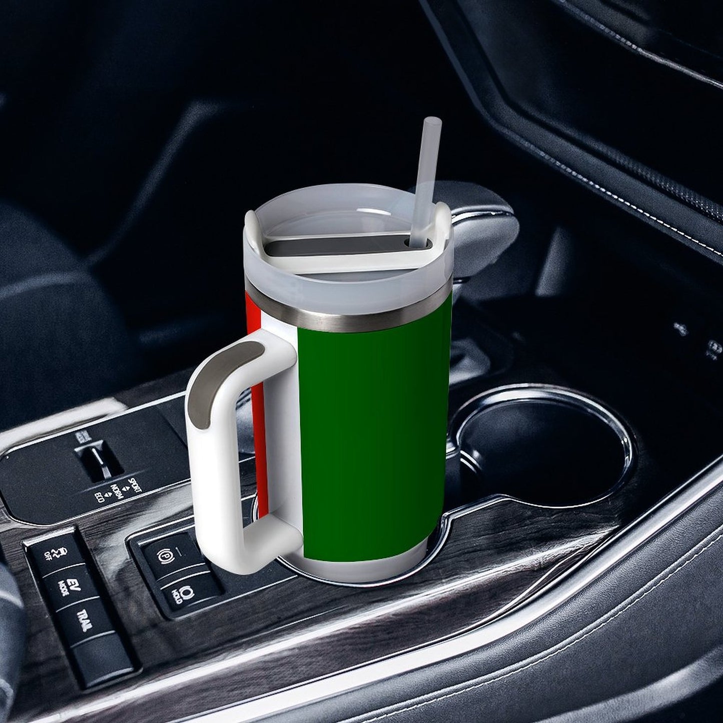 [Brand] travel mug with straw in car cup holder.