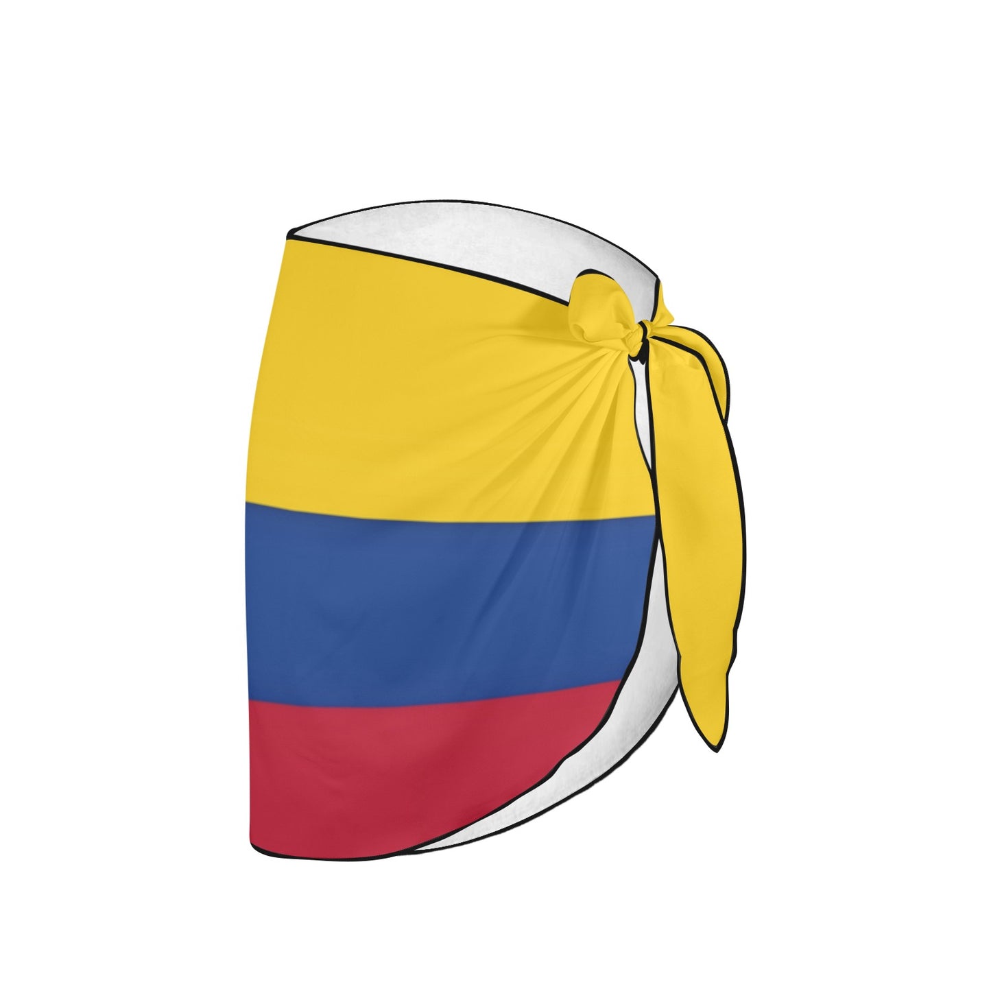 [Brand] sarong featuring Colombian flag design with bow tie.