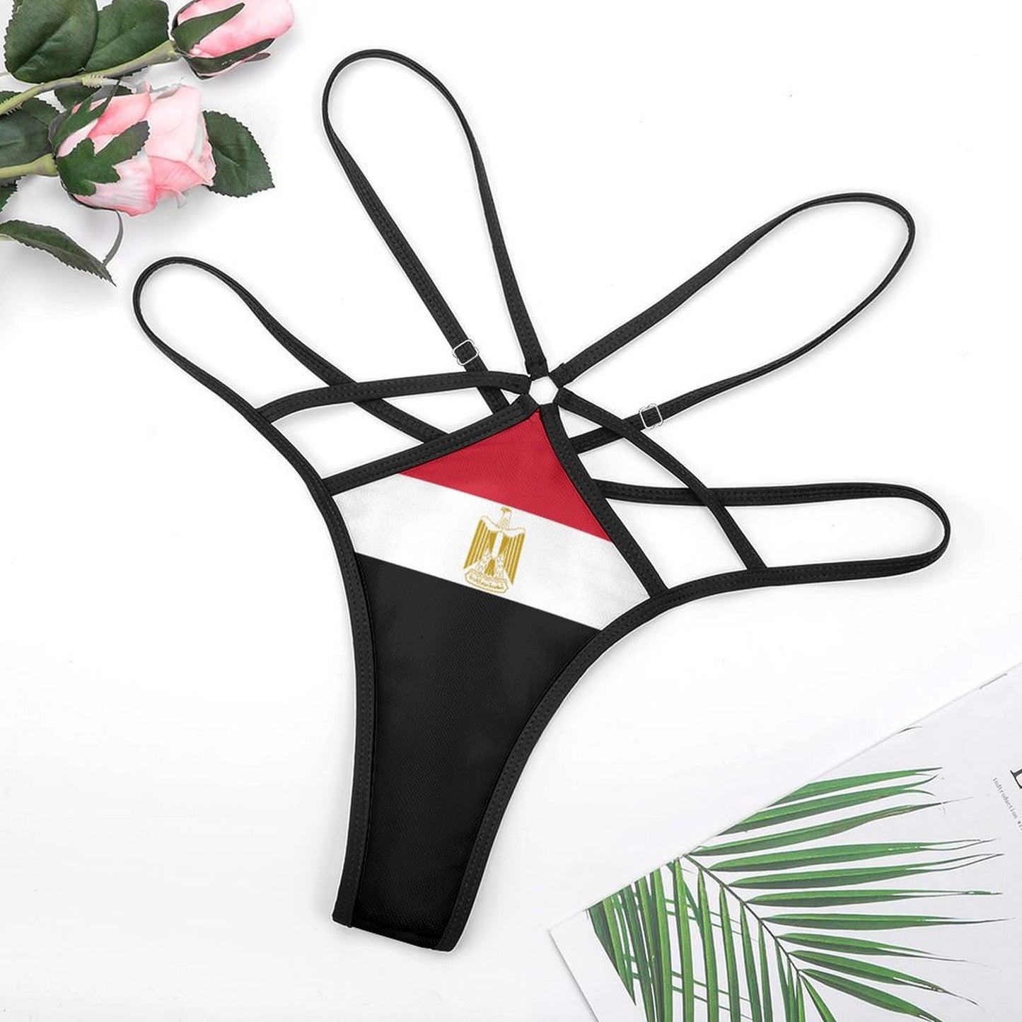 Black strappy bikini with Egyptian flag design, [Brand].