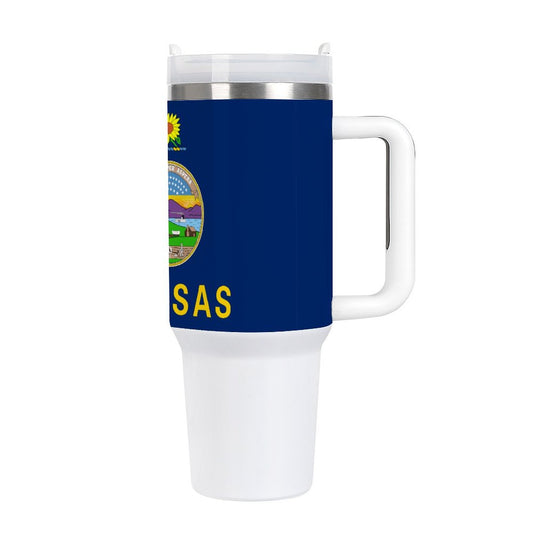 [Brand] travel mug featuring Kansas state flag design, white handle.