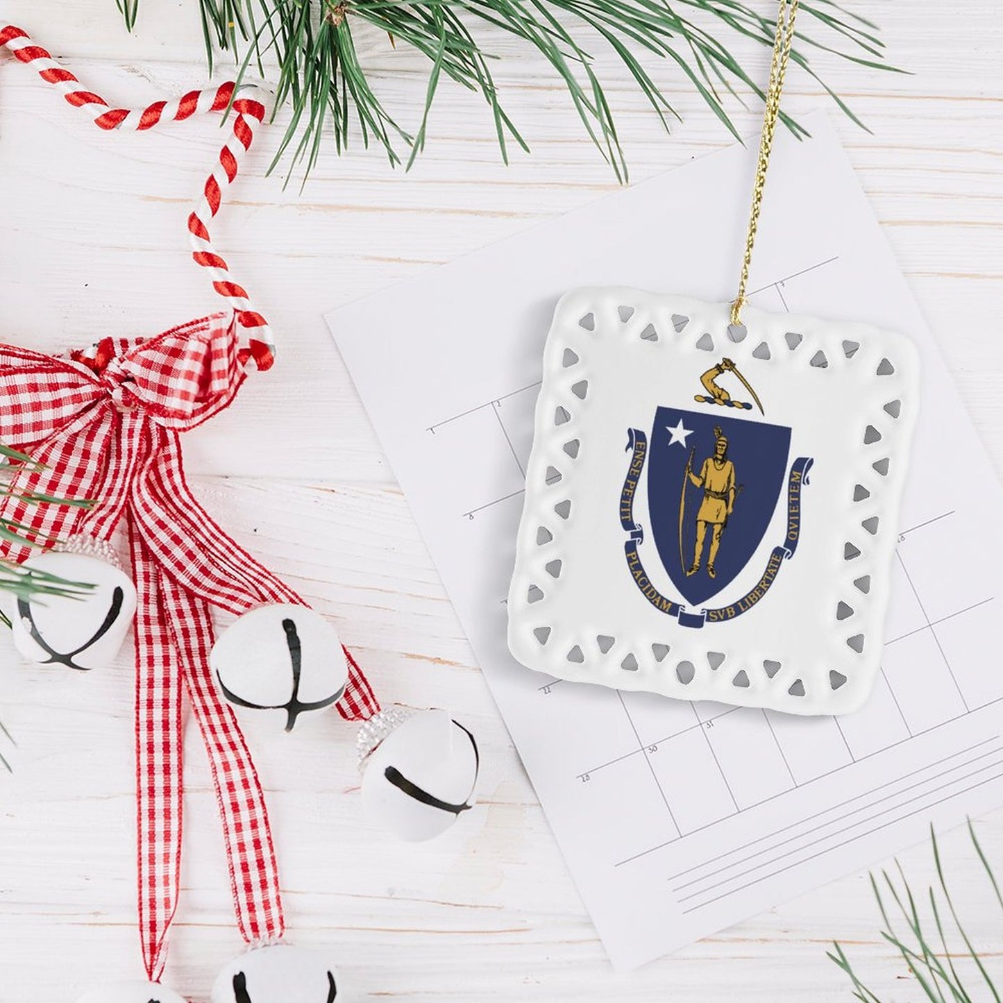 Massachusetts Flag Inspired Square Ceramic Ornament Made in the USA
