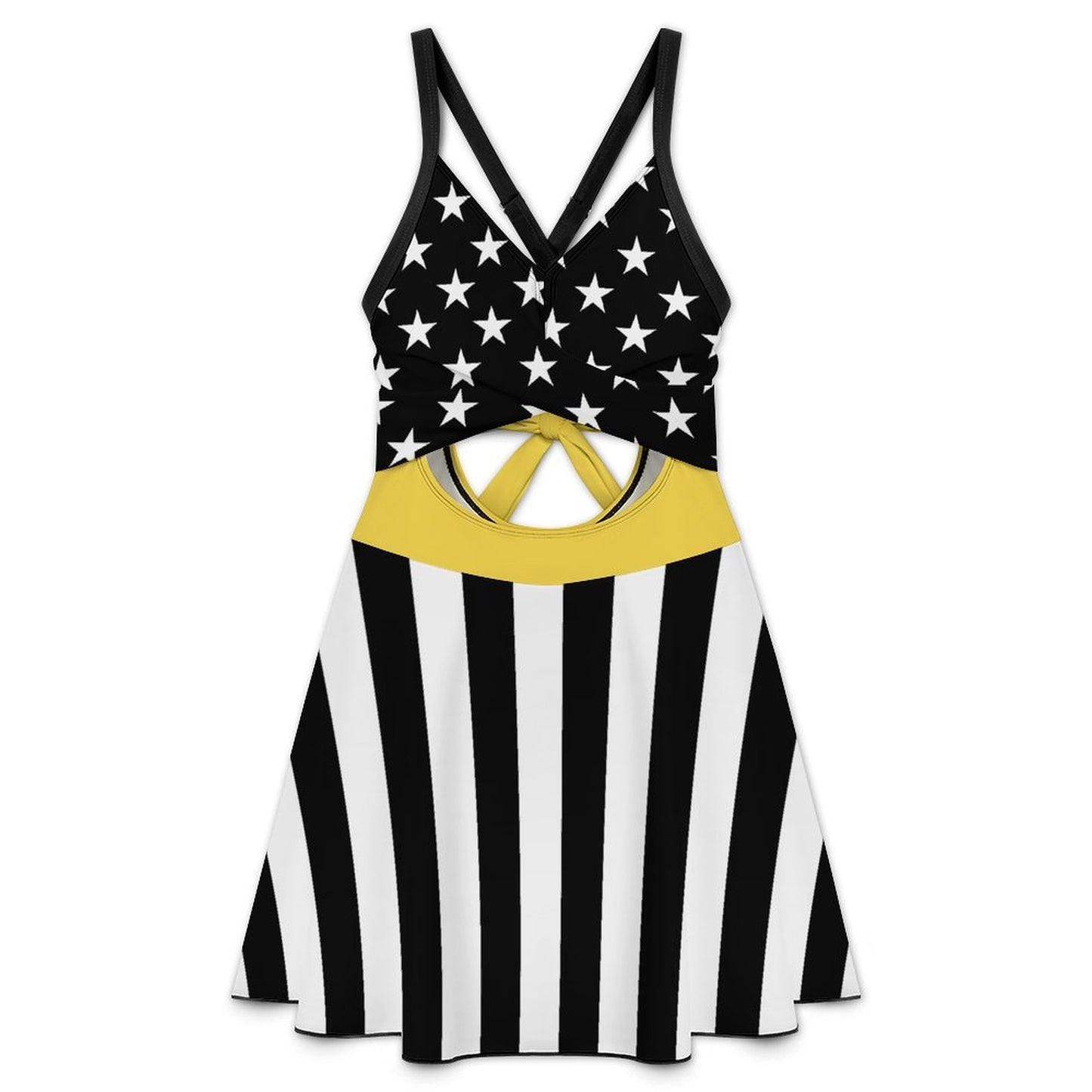 Thin Gold Line Flag Inspired Women's V-neck One-piece Swimsuit with Cutout