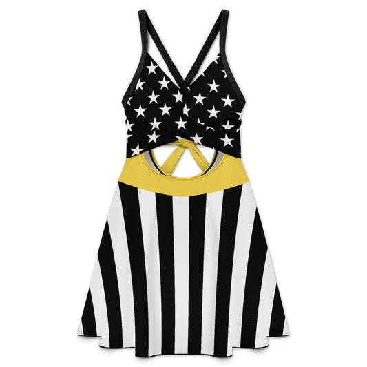 Thin Gold Line Flag Inspired Women's V-neck One-piece Swimsuit with Cutout
