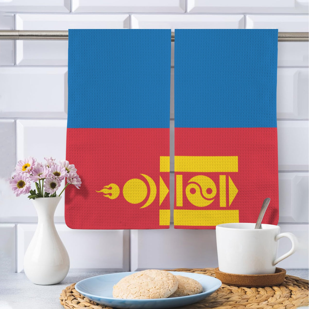 Mongolia Flag Inspired Kitchen Towel 40X60cm (Pack of 2) | Printed In the USA