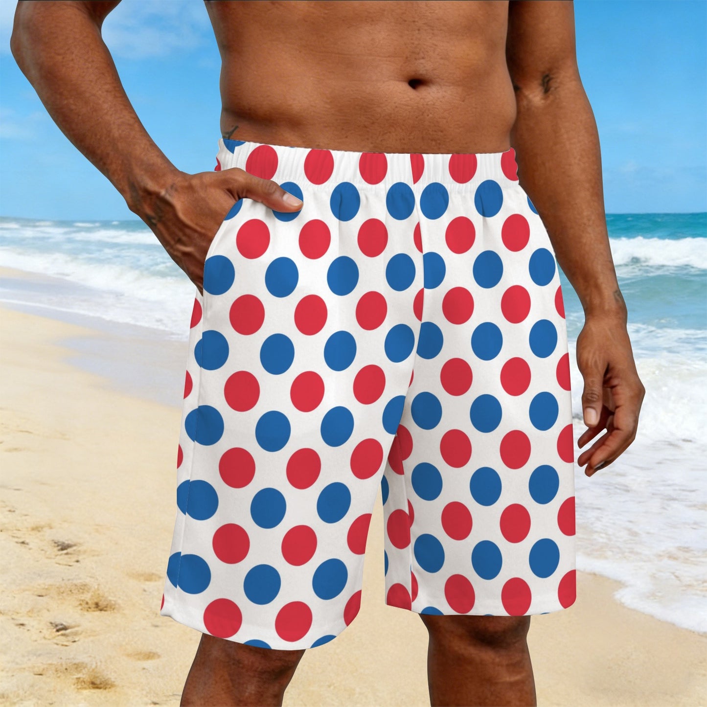 USA/American Flag Inspired Polka Dot Pattern Men’s Draw String Pocket Beach Shorts Printed in the USA