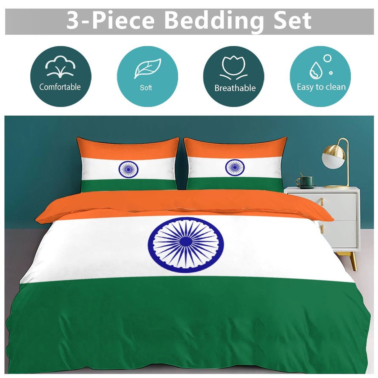 India Flag Inspired 3-Piece Bedding Set (1 Duvet Cover + 2 Pillow Shams) – 102"×90"