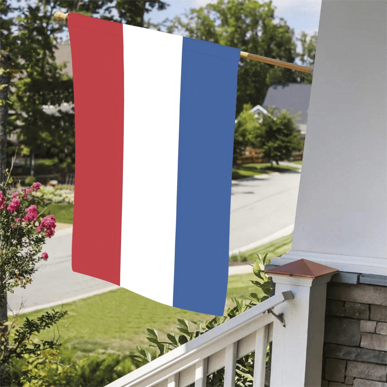 Luv My Flag red, white, blue flag on porch.
