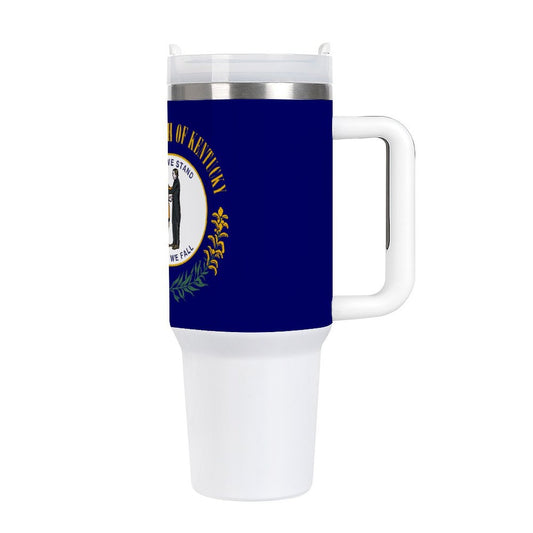 [Brand] travel mug featuring Kentucky flag design, white handle.