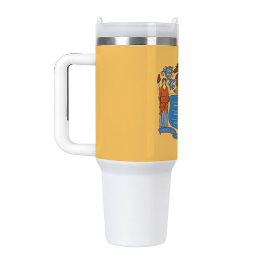 A [Brand] travel mug featuring the New Jersey state flag.