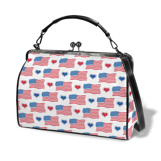 USA/American Flag Inspired Flag and Hearts Pattern Kisslock Crossbody Shoulder Bag-Large