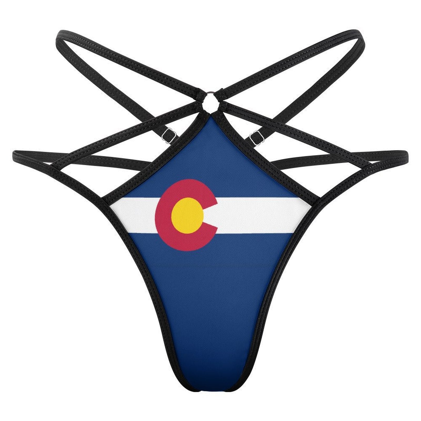 [Brand] bikini bottom featuring Colorado flag and black straps.