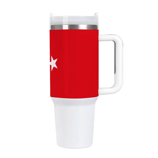Red and white travel mug with star; [Brand] logo visible.