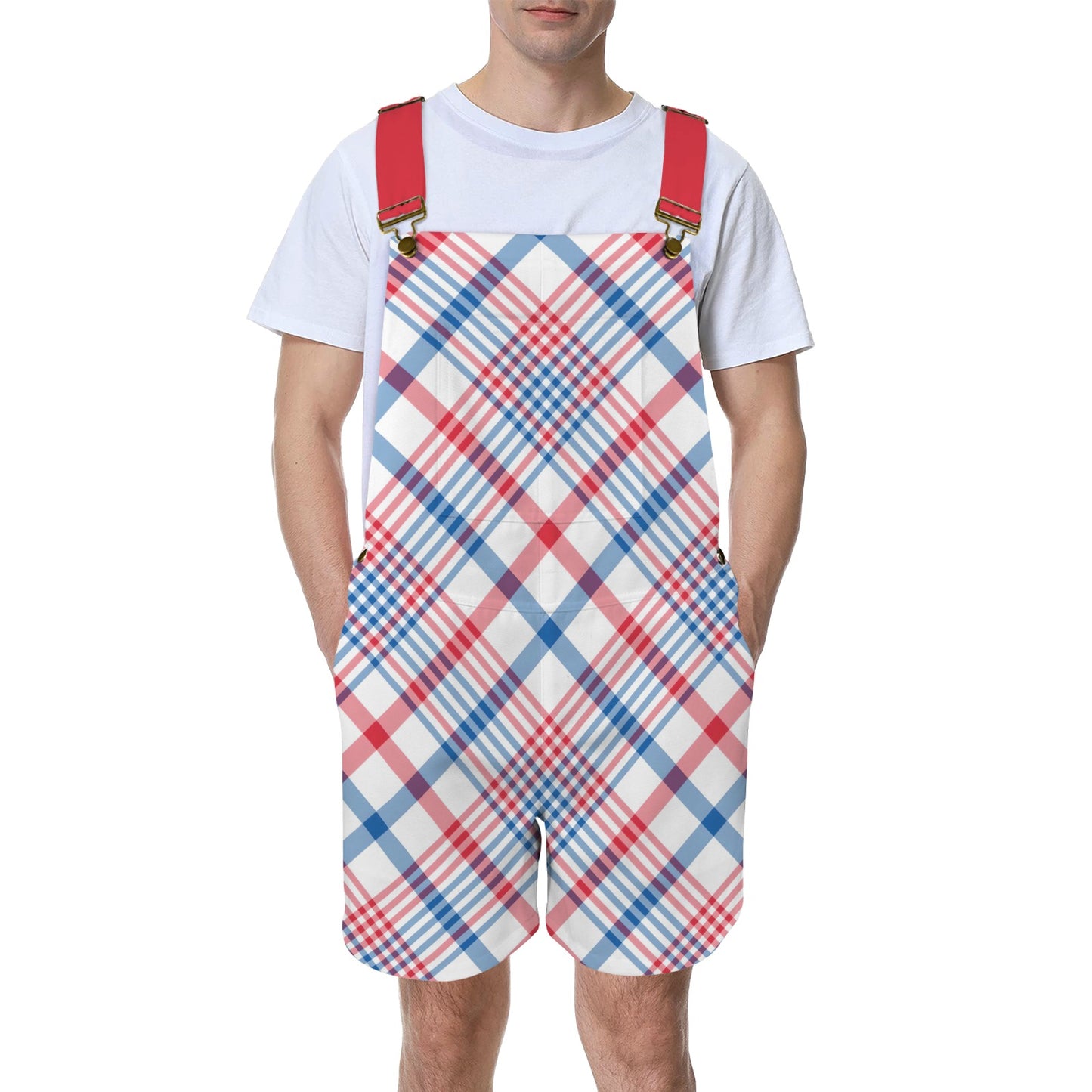 USA/American Flag Inspired Plaid Pattern Unisex Suspender Jumpsuit