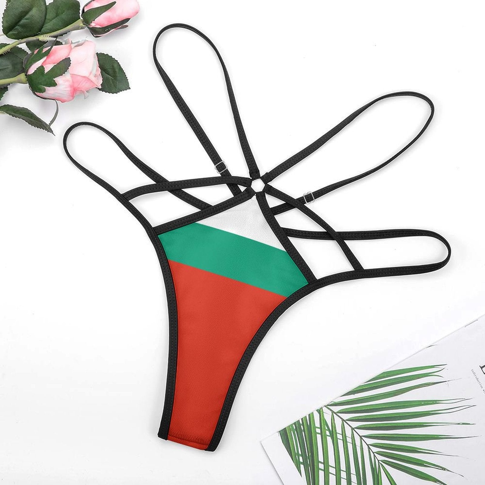 [Brand] colorful strappy thong bikini bottom on white background.