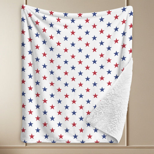 USA/American Flag Inspired Red & Blue Stars Pattern Sherpa Fleece Blanket 90" x 108" | Prtinted in the USA