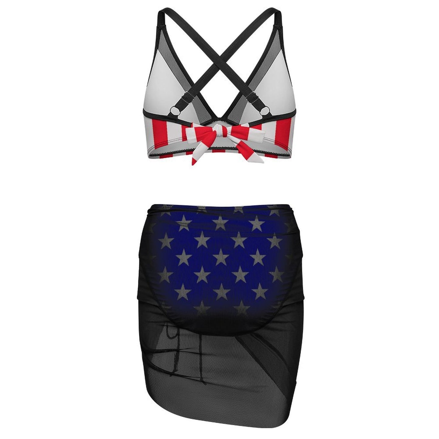 USA/American Flag Inspired Style-2 Women's Mesh Drawstring Skirt and Swimsuit Set