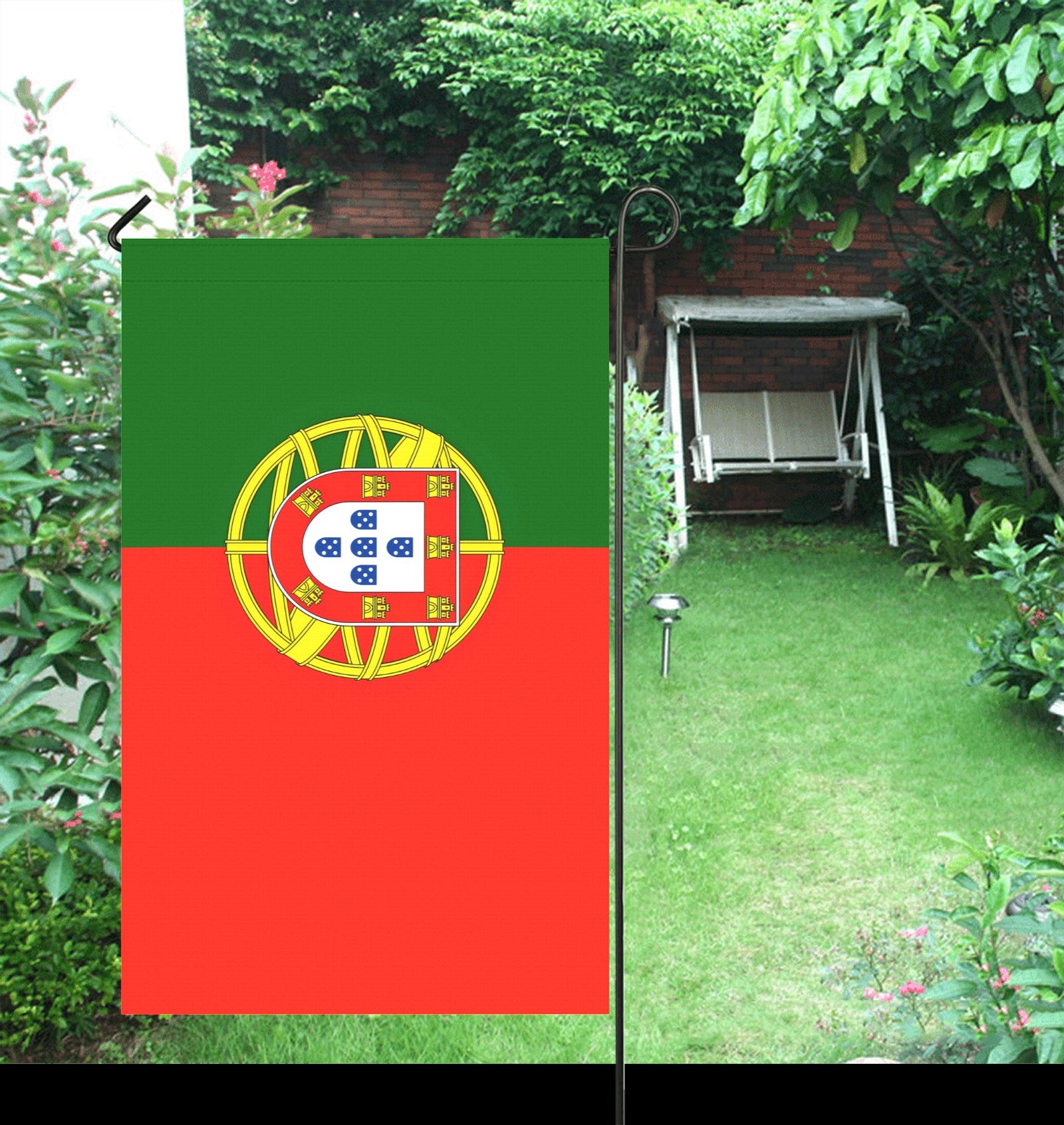 Garden with Luv My Flag, Portugal design, near swing seat.