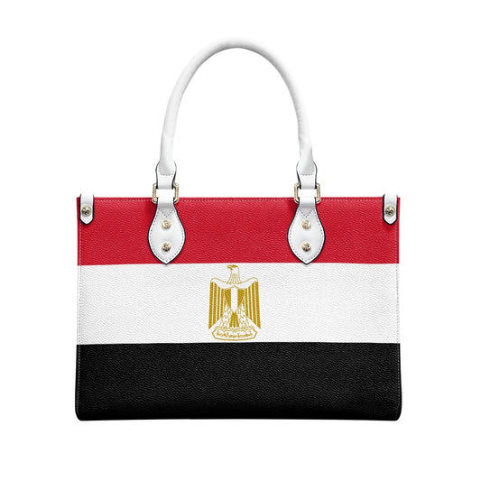 [Brand] handbag featuring Egypt flag colors and emblem design.